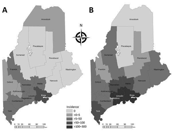 Human granulocytic anaplasmosis incidence (cases/100,000 persons), Maine, USA, 2013 (A) and 2017 (B). Statewide incidence increased 602% during 2013–2017.