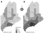 Thumbnail of Hospitalizations (per 100,000 persons) for human granulocytic anaplasmosis, Maine, USA, 2013 (A) and 2017 (B). Statewide hospitalizations increased 231% during 2013–2017.