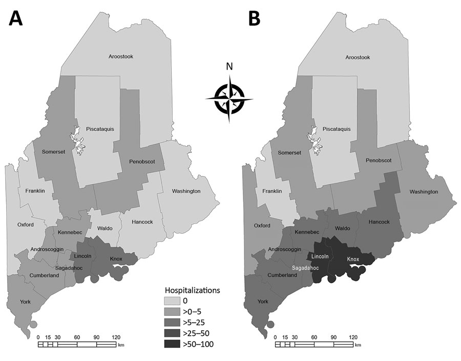Hospitalizations (per 100,000 persons) for human granulocytic anaplasmosis, Maine, USA, 2013 (A) and 2017 (B). Statewide hospitalizations increased 231% during 2013–2017.