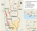 Thumbnail of Spatial distribution of Buruli ulcer patients in Benin and Nigeria. The 179 sequenced genomes of Mycobacterium ulcerans were isolated from patients in southeastern Benin; 62% came from the Ouémé region, 26% came from the Plateau region of Benin, and the remaining genomes originated from patients from Nigeria. Red dots indicate precise locations of patients’ declared place of residence. In cases where several patients were from the same village, points were slightly displaced in a ci