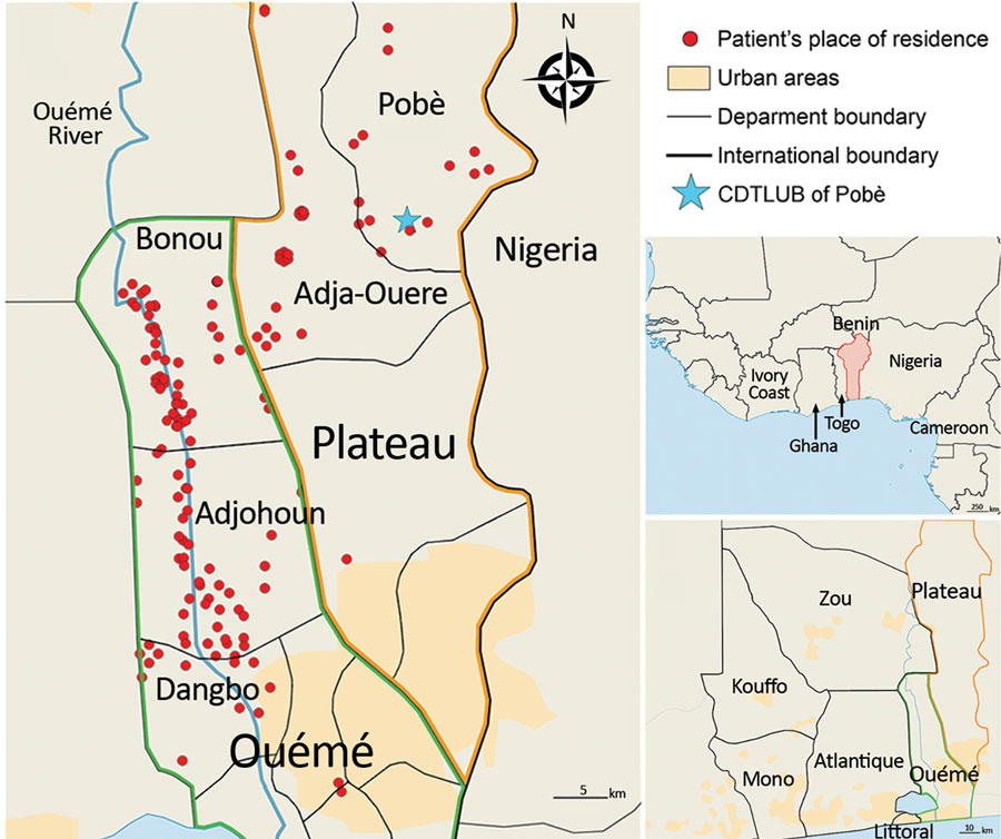 Spatial distribution of Buruli ulcer patients in Benin and Nigeria. The 179 sequenced genomes of Mycobacterium ulcerans were isolated from patients in southeastern Benin; 62% came from the Ouémé region, 26% came from the Plateau region of Benin, and the remaining genomes originated from patients from Nigeria. Red dots indicate precise locations of patients’ declared place of residence. In cases where several patients were from the same village, points were slightly displaced in a circle fashion 