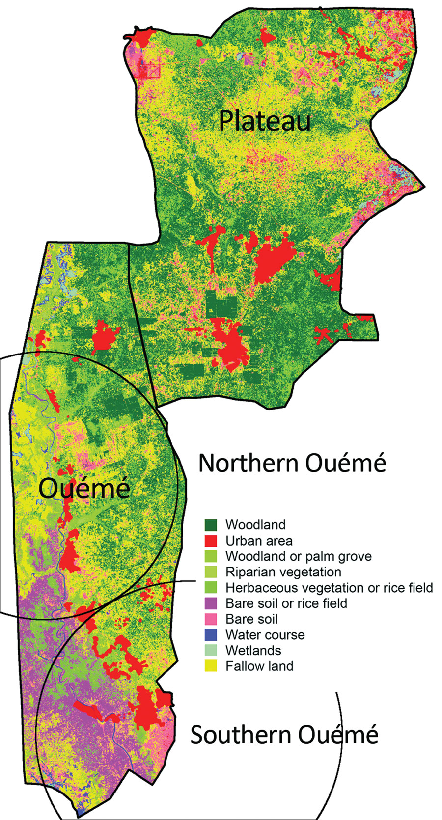 Land use and land cover assessment from Sentinel-2 imaging of Benin. The Ouémé region has specific land and plant formations, such as grassy savanna, grasslands, and swamps. Soils easily become saturated with water because of a shallow water table and the proximity of a river, which causes floods and a natural delta formation in the south of the region. Circles indicate the detected northern and southern Ouémé Mycobacterium ulcerans clusters.
