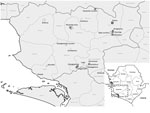Thumbnail of Sampling locations for study of Ebola virus neutralizing antibodies in dogs, Moyamba District, Sierra Leone, 2017. White circles indicate sampling locations; gray squares indicate dog serum samples with virus neutralizing activity.