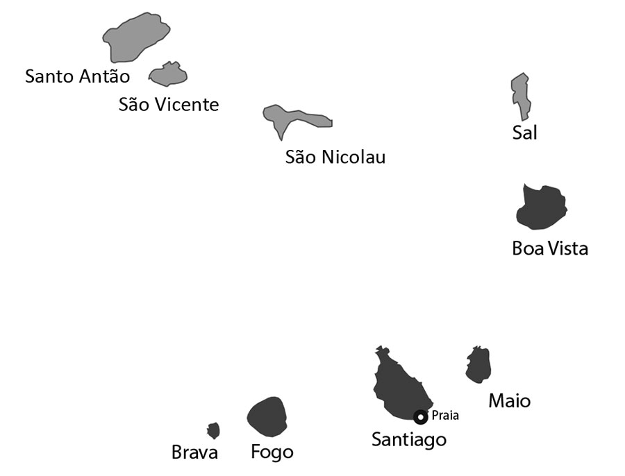 Locations of suspected Zika cases (dark gray shading), Cape Verde, 2015–2016. Only 2 cases on Boa Vista were confirmed, and those might have been imported.