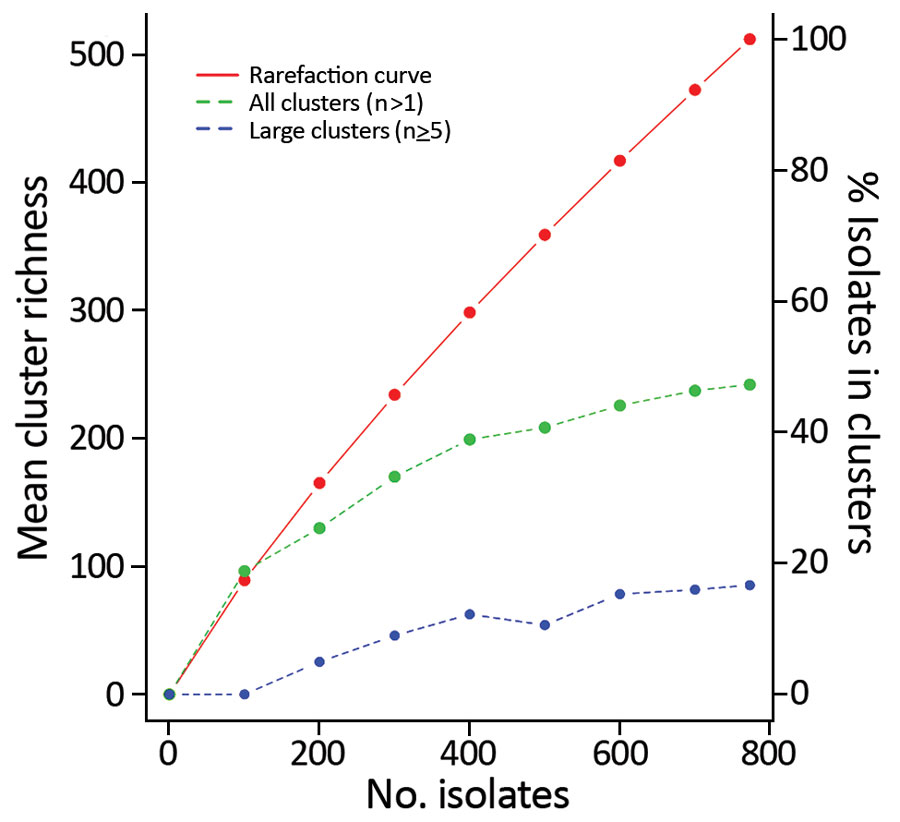 Rarefaction curve of Campylobacter jejuni clinical isolates from Denmark, 2015–2017. Curve of cluster types is shown relating to the left y-axis, revealing 512 different cluster types, which encompass the 104 defined clusters as well as the 408 sporadic cases assigned to their own cluster type. The right y-axis indicates the percentage of clinical isolates assigned to any cluster or a large cluster for a given subsample size. The rarefaction curve indicates that only a small fraction of the dive