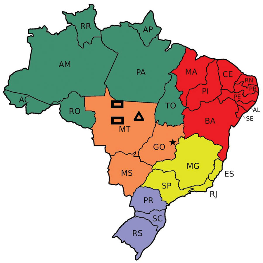 Areas in which the Kaiabi people live in the state of Mato Grosso, central Brazil. Rectangles represent areas near the Arinos and Teles Pires rivers where the Kaiabi originally lived. Triangle represents the Xingu Indigenous Park where many Kaiabi case-patients currently live. Star indicates Brasilia, the capital of Brazil. Green indicates North Region; red indicates Northeast Region; orange indicates West-Central Region; yellow indicates Southeast Region; and purple indicates South Region. AC, 