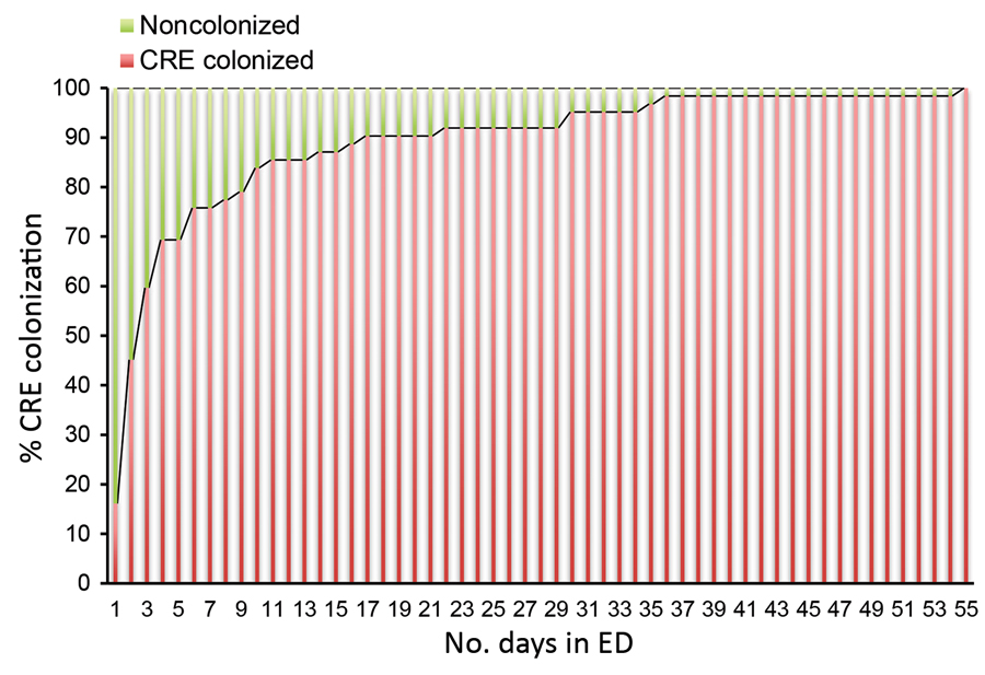 Distribution of colonization of CRE in patients admitted to an intensive care unit after a stay in the ED, Hospital das Clínicas, São Paulo, Brazil, September 2015–July 2017. CRE, carbapenem-resistant Enterobacteriaceae; ED, emergency department.