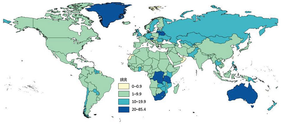 World Health Organization (WHO) versus US TB IRRs. IRR is the rate in country (WHO rate, 2014) divided by the rate by country of birth in the United States (US rate, 2012–2016). IRR &gt;1.0 indicates that the WHO rate is larger than the US rate. IRR, incidence rate ratio; TB, tuberculosis.