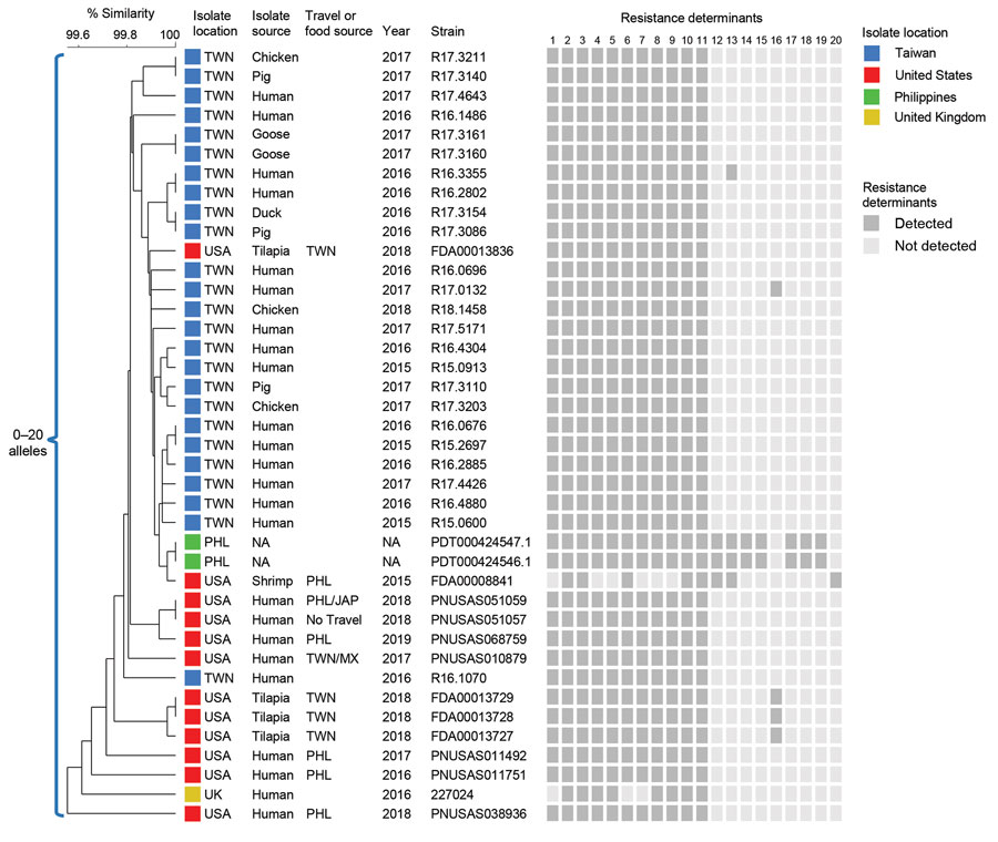 Core genome multilocus sequence typing (cgMLST) phylogenetic tree of 40 Salmonella enterica serotype Anatum isolates, 2015–2019. The tree was constructed by using BioNumerics version 7.6 (Applied Maths, http://www.applied-maths.com). Isolate sources, collection years, and National Center for Biotechnology Information strain or isolate numbers are shown. For isolates from the United States, international travel destinations of patients and sources of imported foods are provided. Dark gray boxes i