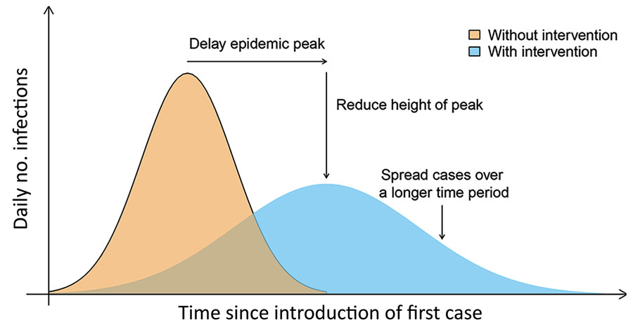 Intended impact of social distancing measures as nonpharmaceutical interventions for an influenza pandemic. Adapted from similar diagrams in the European Centre for Disease Prevention and Control Technical Report (3) and the Centers for Disease Control and Prevention Guidance Report (4).