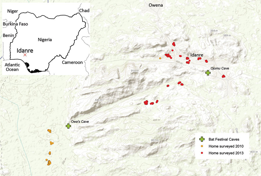 Locations of festival caves and households enrolled in 2 community surveys and a bat hunter survey of bat exposures, Idanre area, Nigeria, 2010 and 2013. Inset map shows location of Idanre area within Nigeria.