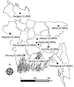 Thumbnail of Locations of LBMs, 10 metropolitan areas, Bangladesh, March 2015. LBM, live bird market.