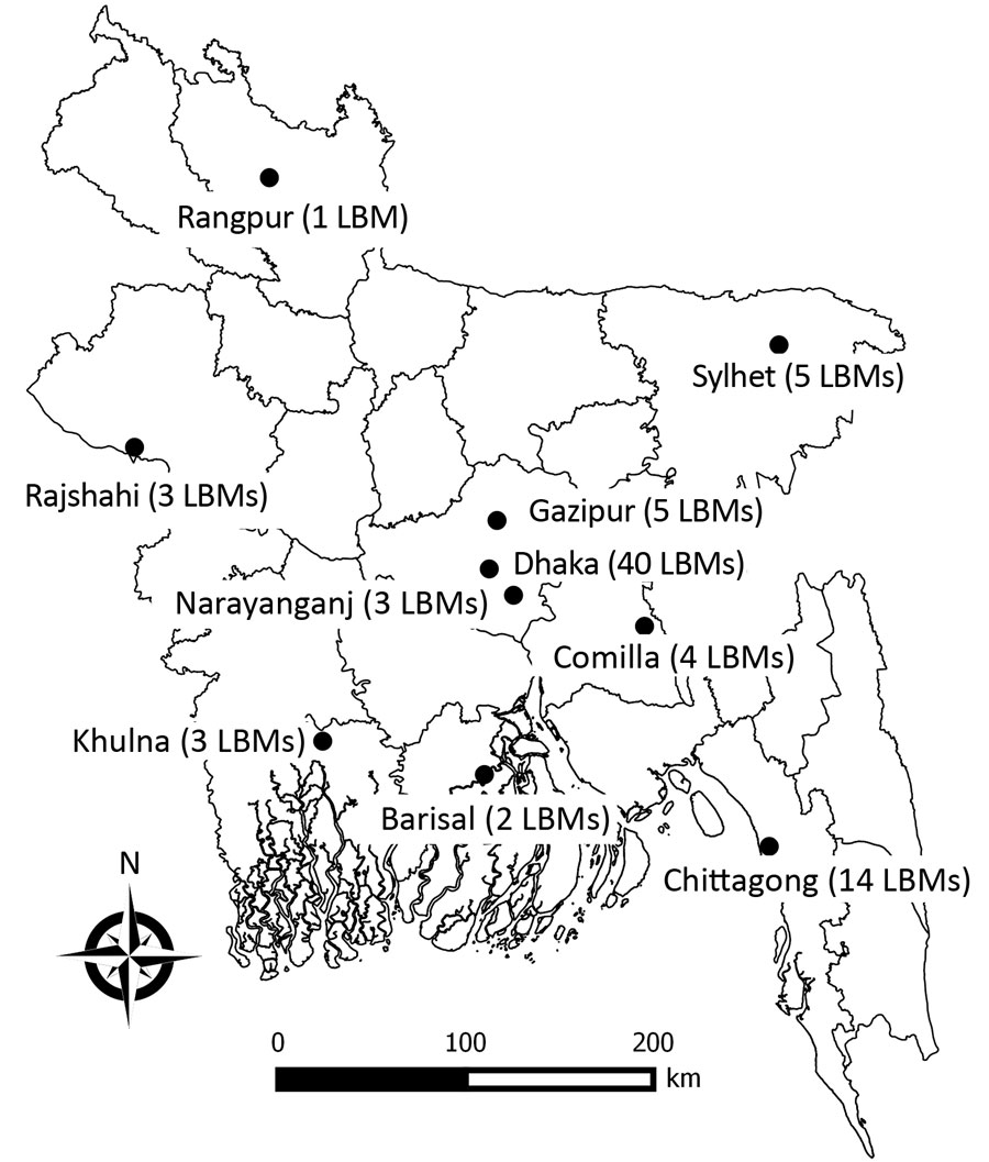 Locations of LBMs, 10 metropolitan areas, Bangladesh, March 2015. LBM, live bird market.