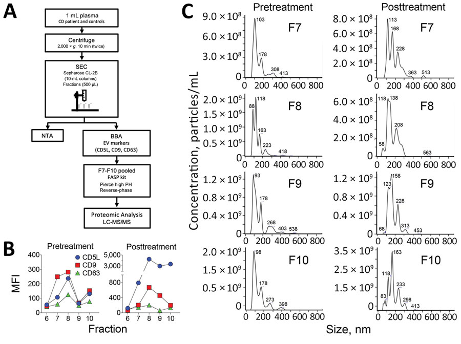 Isolation and characterization of plasma-derived EVs. A) Schematic diagram of the isolation and characterization of EVs derived from plasma samples. The details of each step are explained in The Study section. B) EVs were characterized by BBA using the classical EV markers CD5L, CD9, and CD63. C) NTA of SEC fractions F7–10. BBA, bead-based assay; EV, extracellular vesicle; LC-MS/MS, liquid chromatography–tandem mass spectrometry; MFI, median fluorescence intensity; NTA, nanoparticle tracking ana