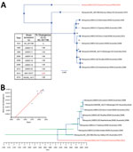 Thumbnail of Phylogenetic relationships between 9 full-length (1,263 nt) Barmah Forest virus (BFV) envelope (E) protein genes. A) Maximum-likelihood phylogenetic tree constructed from 8 full-length Australia BFV E2 (blue) and a BFV E2 from an isolate from a child in Papua New Guinea (red) by using the best-fit nucleotide substitution model in IQ-Tree version 1.5 (11). Bootstrap values were estimated by using 1,000 replicates; percentages are indicated on branch nodes. Inset table shows E2 nucleo