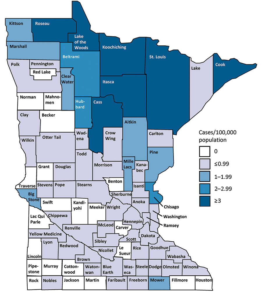 Average annual incidence of blastomycosis by county, Minnesota, USA, 1999–2018.