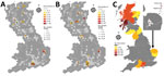 Thumbnail of Results for deer samples and ticks tested for tick-borne encephalitis virus, United Kingdom. A, B) Number of samples tested and seroprevalence of samples positive by ELISA (A) and HAI (B). C) Number of ticks tested by county; inset shows magnification of testing area with ticks positive by real-time reverse transcription PCR. HAI, hemagglutination inhibition. Source: Ordnance Survey data, © Crown copyright and database right 2019; and National Statistics data, © Crown copyright and