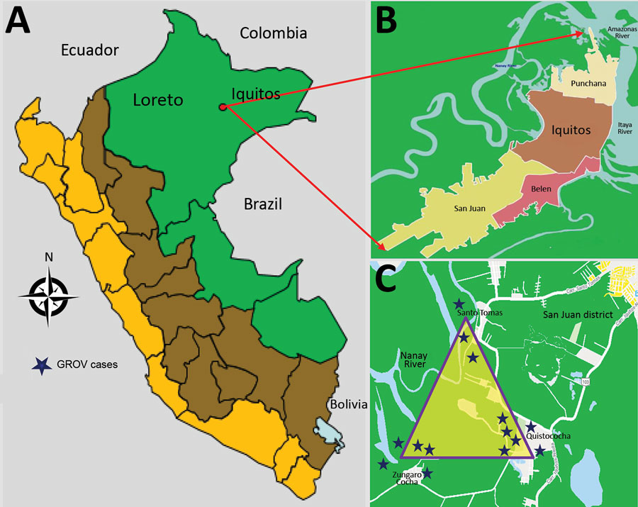 Geographic distribution of patients with Guaroa virus infection, April–June 2014. A) Peru. B) Iquitos districts. C) District of San Juan. Stars indicates locations of Guaroa virus cases.