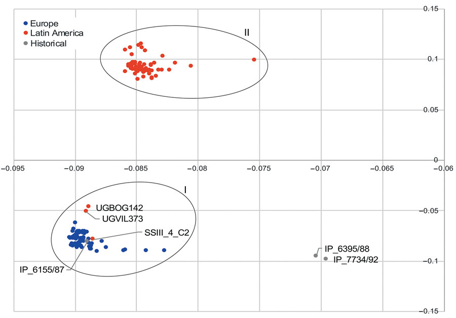 Principal component analysis plot comparing accessory (noncore) genome of chromosome contigs of strains of Salmonella enterica serovar Paratyphi B variant Java sequence type 28. Oval rings indicate clusters I and II. Cluster I grouped together historical strain IP_6155/87 with all strains from Europe and some from Latin American. Cluster II grouped Latin America strains only. Cluster II was associated with a prophage sequence highly similar to the Salmonella phage SEN34 (National Center for Biot