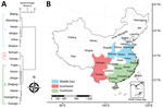 Thumbnail of Epidemiologic regions of scrub typhus in China, 2006–2016. A) Epidemiologic regions based on hierarchical clustering, using the Pearson correlation coefficient matrix between average weekly scrub typhus time series of paired provinces that had a cumulative number of cases &gt;100 in 2006–2016 combined. B) Map of identified epidemiologic regions identified by hierarchical clustering), e.g., middle-east (latitude range 31°–41°N and longitude range 105°–125°E), southwest (latitude rang