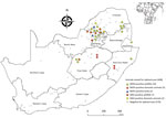 Thumbnail of Locations of MIDV and SINV PCR-positive and –negative samples from wildlife, nonequid domestic animals, and avian species, South Africa, 2010–2018. Inset shows location of South Africa in Africa. Values in parentheses are number of animals. MIDV, Middelburg virus; SINV, Sindbis virus. 