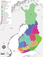 Total number of tick-borne encephalitis cases reported by game management area, Finland 2007–2017. 