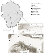 Thumbnail of Yosemite National Park, California, USA, and trapping sites, with hillside shading, in Yosemite Valley and Tuolumne Meadows. Sources of mapping data were Esri (https://www.esri.com), Airbus Defence and Space, US Geological Survey, National Geospatial-Intelligence Agency, National Aeronautics and Space Administration, Consultative Group on International Agricultural Research, N. Robinson, National Center for Ecological Analysis and Synthesis, National Library Service, Ordnance Survey