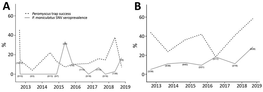 Peromyscus rodent trap success and seroprevalence (with sample sizes) of SNV in deer mice (Peromyscus maniculatus), Yosemite National Park, California, USA, 2012–2018. A) Yosemite Valley; B) Tuolumne Meadows. Numbers in parentheses indicate no. positive deer mice/no. tested. Figures include data from the August and September 2012 outbreak investigation (8) for reference. SNV, Sin Nombre virus.