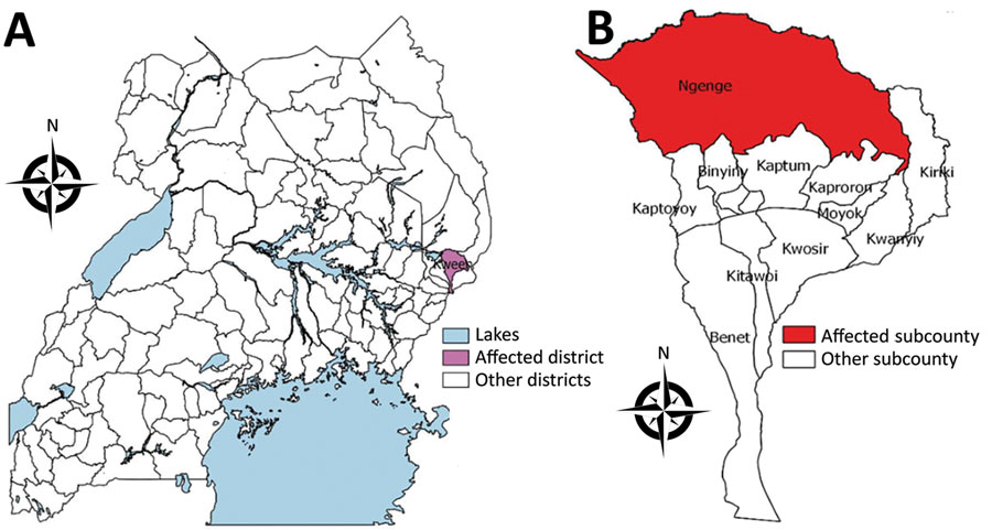 Area where anthrax outbreak occurred in April 2018, Kween District, Uganda. A) Location of Kween District in Uganda; B) Kween District, showing outbreak area. 