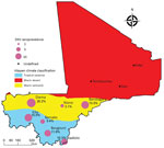 Thumbnail of The main climatic zones of Mali by Köppen climate classification and sites of study of Zika virus seroprevalence.