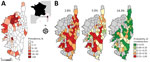 Thumbnail of Prevalence and probability of nondetection of antibody against Crimean-Congo hemorrhagic fever virus (CCHFV) in ruminants, Corsica, France, 2014–2016. A) Spatial variability of CCHFV antibody prevalence. Inset indicates location of the island of Corsica in relation to France. B) Probability of nondetection of CCHFV antibody in areas where estimated prevalence was null. Three different probabilities were estimated in accordance with different assumptions of the estimated true seropre
