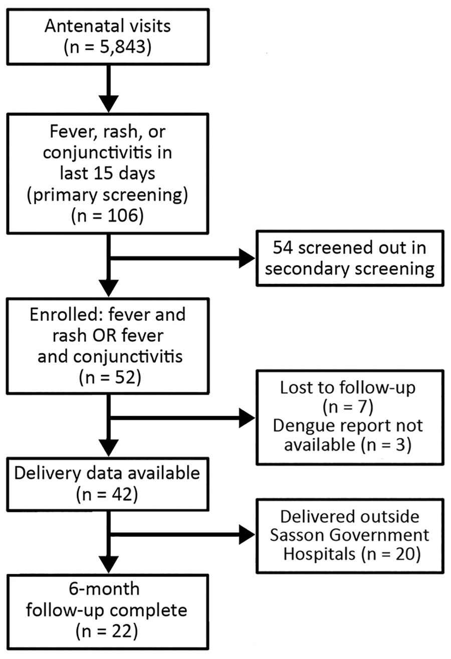 Screening and enrollment flowchart for participation in an intensified short symptom screening program for dengue infection during pregnancy, India.