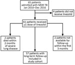 Thumbnail of Outcomes for 65 patients with multidrug-resistant tuberculosis (MDR TB) admitted to Pitié-Salpêtrière Hospital, Paris, France, and included in study of linezolid-associated neurologic adverse events.