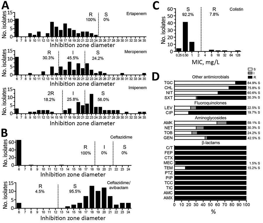 Susceptibility testing of Klebsiella pneumoniae carbapenemase–producing K. pneumoniae isolates, France, 2018. A) Antimicrobial susceptibility to carbapenems tested by using the disc diffusion method and interpreted according to European Committee on Antimicrobial Susceptibility Testing guidelines (http://www.eucast.org). B) Susceptibility to ceftazidime or ceftazidime/avibactam combination. C) MICs for colistin as determined by broth microdilution. D) Percentage of susceptibility to other antibi