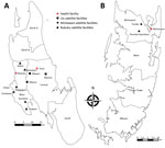 Thumbnail of Locations of 14 study health centers, including 11 peripheral satellite health units and 3 referral health facilities for which increased sensitivity of Plasmodium falciparum to artesunate/amodiaquine despite 14 years as first-line malaria treatment was tested, Zanzibar. A) Unguja Island; B) Pemba Island.