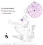 Thumbnail of Potential spatial relationships (residence within 1 km of another patient) between mixed infection and other genotype-clustered cases, Ghanzi, Botswana, 2012–2016. Shown are locations of patients with mixed Mycobacterium tuberculosis infection and other genotype-clustered cases. Each color represents each genotype cluster. The 1-km radius blue-shaded area from each mixed infection patient shows the neighborhood boundary. Two patients with mixed infection were genotype-clustered and 
