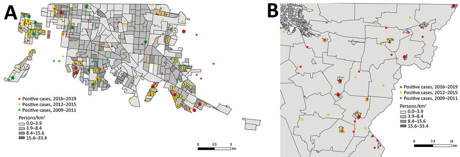 Geographic distribution of all PCR-positive cases of Rocky Mountain spotted fever in Mexicali (A) and the Mexicali Valley (B), Mexico, 2009–2019. Outlined areas represent census-related Basic Geostatistical areas established by Mexico’s National Institute of Statistics and Geography. Numbers in circles represent the number of cases in each location.