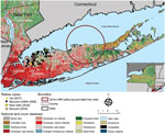 Thumbnail of Locations of rabid raccoon, river otter, and cat in raccoon rabies virus–free zone, Nassau and Suffolk Counties, Long Island, New York, USA, 2016–2017. Locations of rabid raccoons found in these counties before they became raccoon rabies virus free are also indicated. The 20-km radius originally proposed for the distribution of ORV if rabies virus had become reestablished in raccoon rabies virus–free zone is indicated. Inset indicates location of Long Island in New York. ORV, oral r