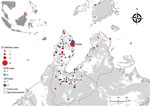 Thumbnail of Village-level geographic distribution of confirmed acute and probable acute rickettsioses cases in a prospective cohort study of acute febrile illness attributable to rickettsioses, Sabah, East Malaysia, 2013–2015. Inset map shows study area in Sabah, Malaysia. OT, Orientia tsutsugamushi infection; SFGR, spotted-fever group rickettsiosis; TGR, typhus-group rickettsioses. 