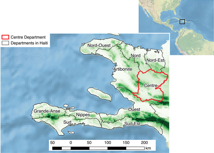Topographical map of Haiti and its departments, highlighting Centre Department (red outline). Altitude increases from light green to dark green. Inset shows Haiti in relation to neighboring continents. 