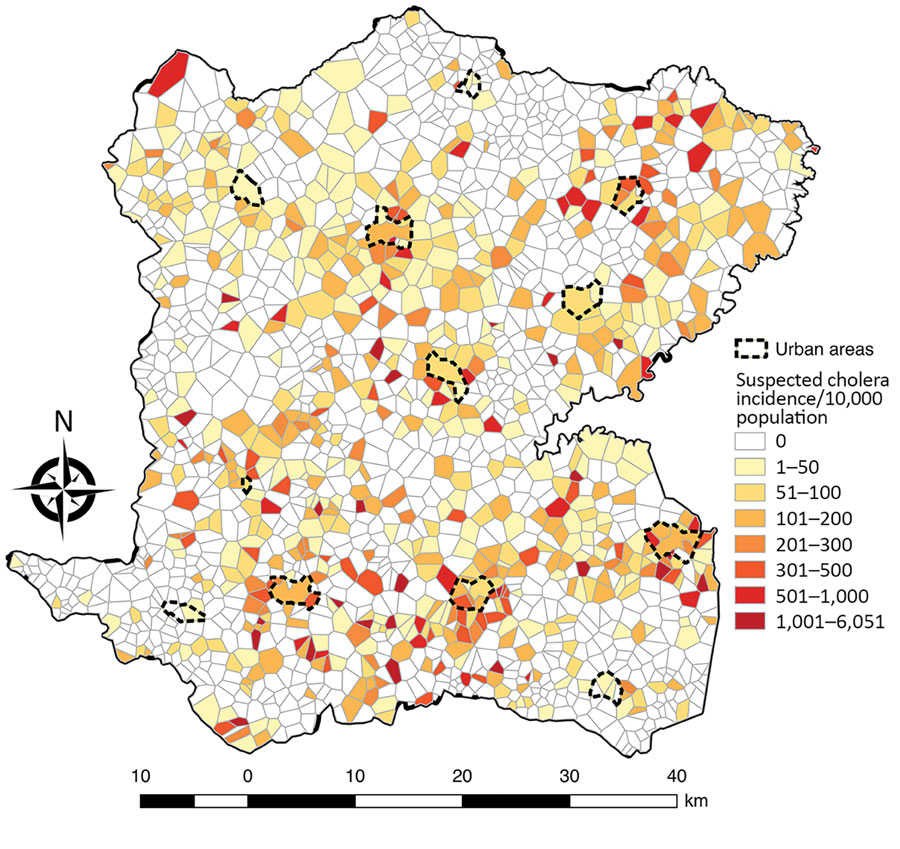 Estimated incidence of suspected cholera cases per 10,000 persons for each locality in Centre Department, Haiti, January 2015–September 2016.