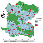 Localities of Centre Department, Haiti, mapped according to hierarchical clustering on principal components classification analysis. Classification analysis determined 2 large lower-risk classes: class 1 localities were remote and higher altitude, and class 2 localities were rural intermediary areas. Two at high-risk classes were identified: class 3 localities are closer to rivers and unimproved water sources, and class 4 localities have markets and are in urban areas.