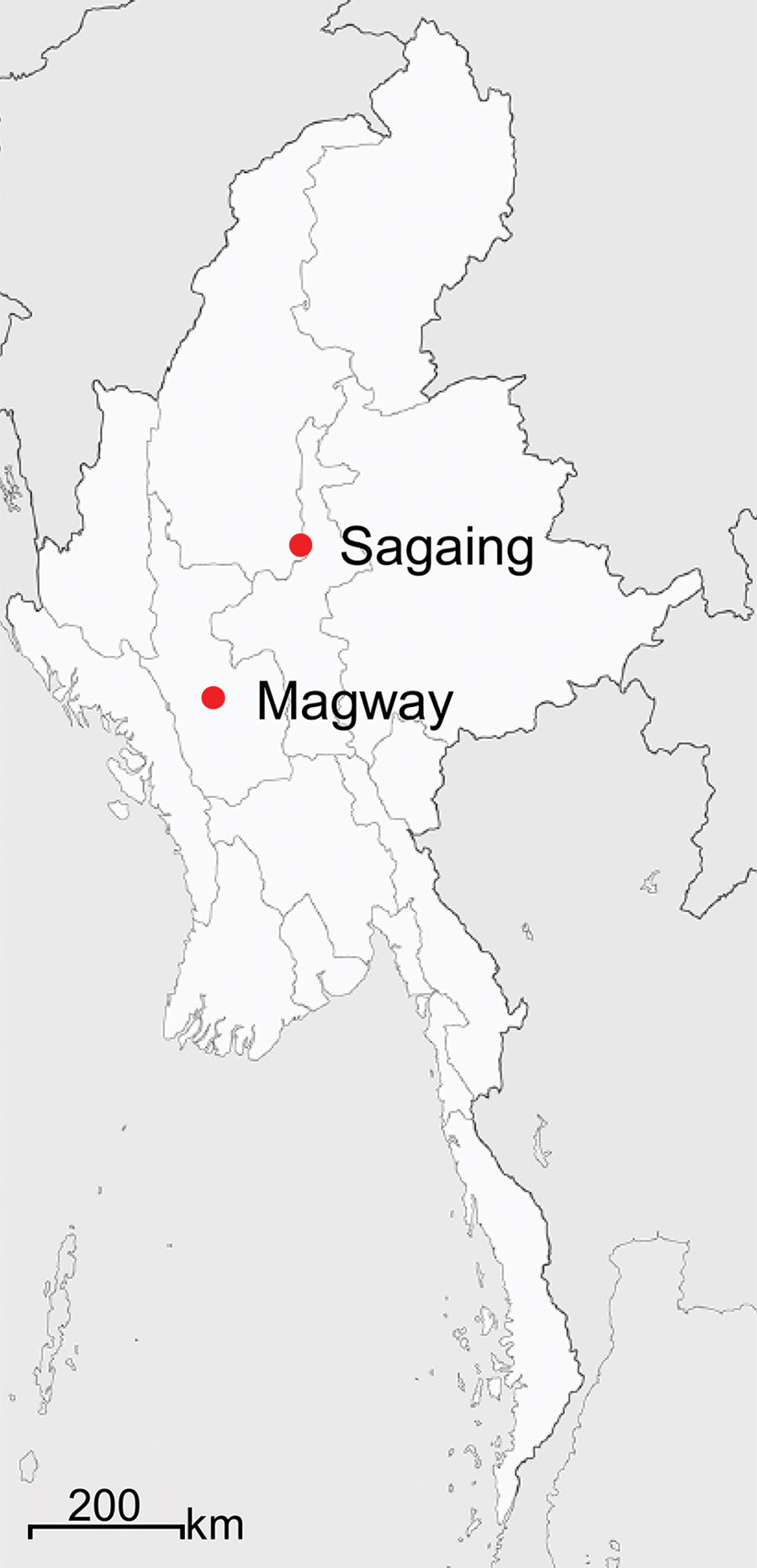 Locations in Sagaing and Magway Provinces in Myanmar, where suspected scrub typhus patients’ serum samples were collected for study of genotypic heterogeneity of Orientia tsutsugamushi. 