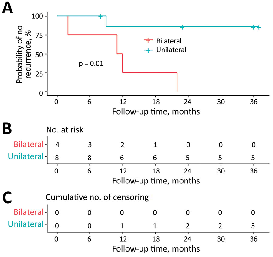 Kaplan-Meier plot showing proportion of patients with toxoplasmic retinochoroiditis at baseline who remain free of recurrence during follow-up. Bilateral retinochoroidal involvement at baseline was statistically significantly associated with recurrences by log-rank test (p = 0.01).