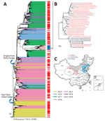 Thumbnail of Evolutionary history of influenza A(H7N9) viruses, China, 2017–2019. A) Phylogenic tree of the hemagglutinin gene of H7N9 viruses. Colors indicate reference H7N9 viruses (n = 1,038) from each wave together with the H7N9 isolates from this study (panel B). Red on the right of the tree indicates isolates from humans. All branch lengths are scaled according to the numbers of substitutions per site. The tree was rooted by using A/Shanghai/1/2013(H7N9), which was collected in February 20