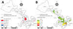 Thumbnail of Distribution of reported 2019 novel coronavirus disease cases (A) and local indicators of spatial association cluster map (B) for Gansu Province, January 23–February 3, 2020. Numbers in parentheses indicate number of counties.