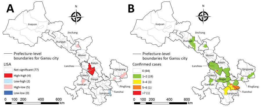 Distribution of reported 2019 novel coronavirus disease cases (A) and local indicators of spatial association cluster map (B) for Gansu Province, January 23–February 3, 2020. Numbers in parentheses indicate number of counties.