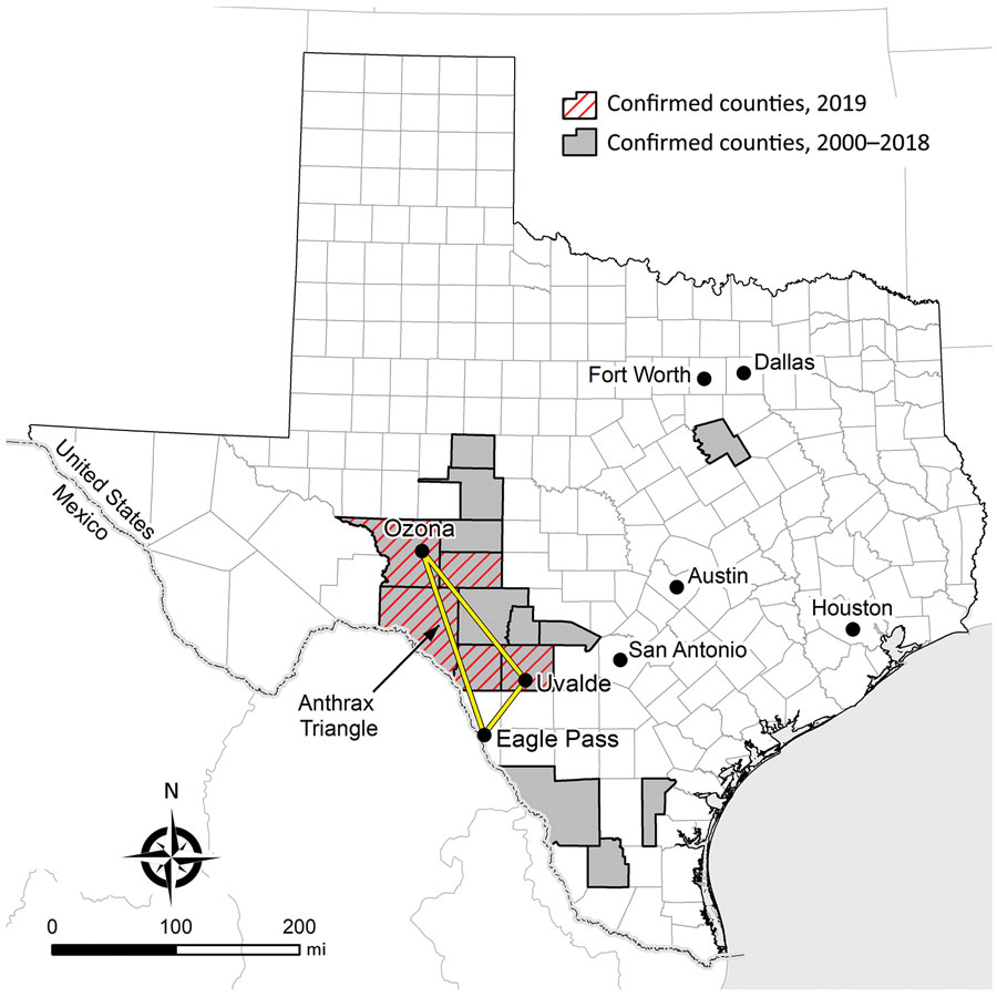 Counties with confirmed animal anthrax cases, Texas, USA, 2000–2019. The location of the “Anthrax Triangle” is indicated.