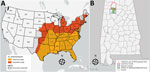 Thumbnail of Distribution of HRTV and range of Amblyomma americanum ticks. A) Geographic distribution of Heartland virus, United States, 2009–2020 (1,2) with historical and expanded range of A. americanum ticks adapted from (4). B) Location of the William B. Bankhead National Forest within Lawrence and Winston Counties, Alabama, and collection site of the HRTV-positive A. americanum nymphs. All maps were created by using ArcGIS Pro 2.5 (ESRI, https://www.esri.com/en-us/home). HRTV, Heartland vir