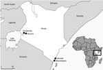 Study recruitment sites (black dots) for high dengue burden and circulation of 4 virus serotypes among children with undifferentiated fever, Kenya, 2014–2017. Inset map shows location of Kenya in Africa.
